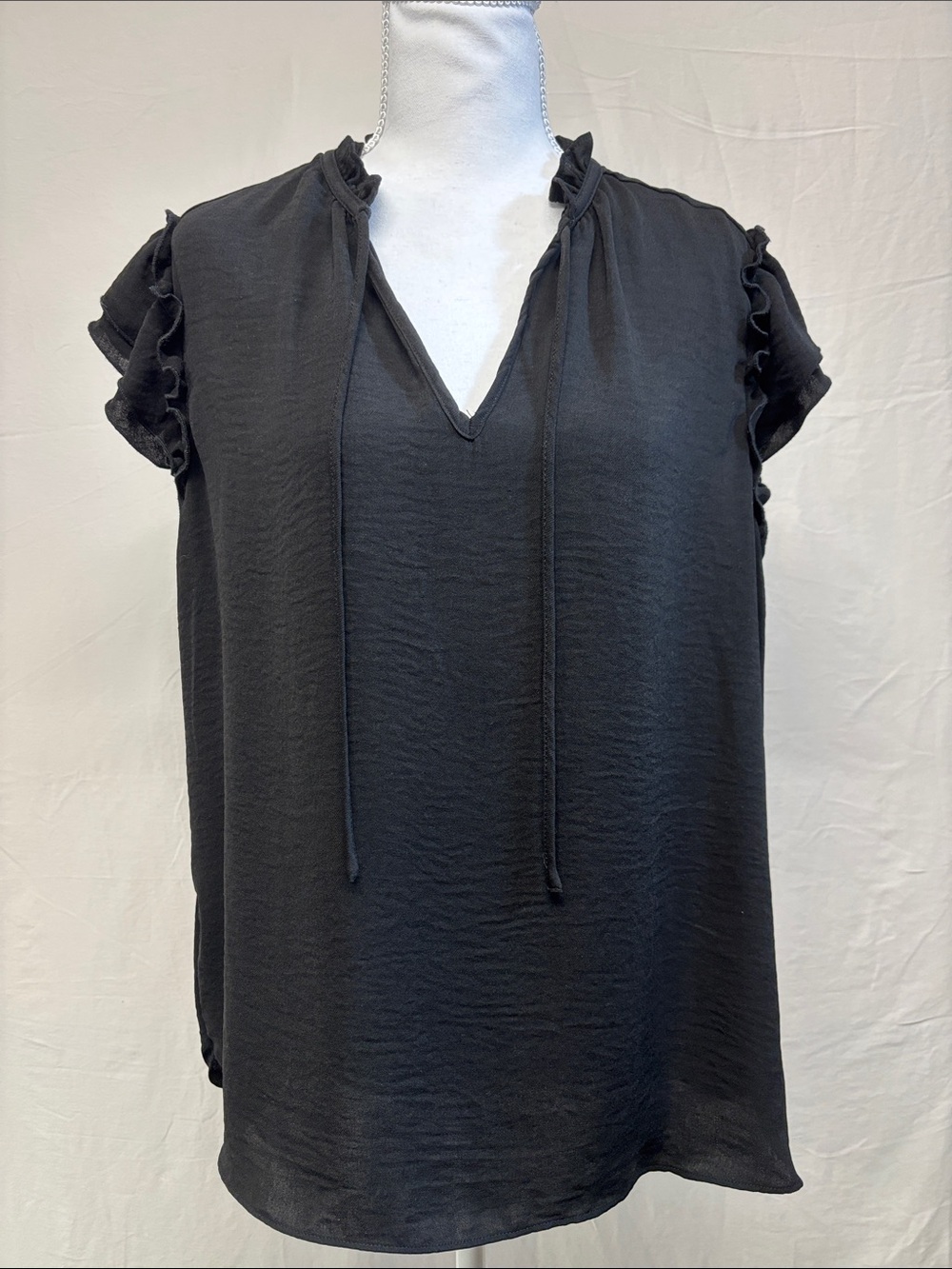 Black Ruffle-Trim V-Neck Tie Blouse